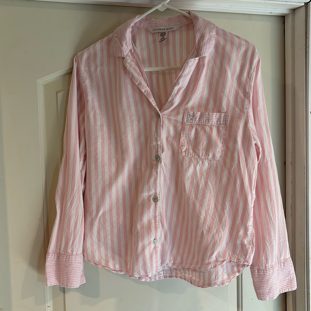Victoria Secret Women’s Small Pink and White Striped Long Sleeve PJ Top